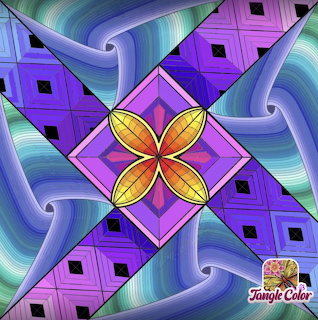 Symmetrical stained glass mandala with gold flower center and purple, turquoise curved panels