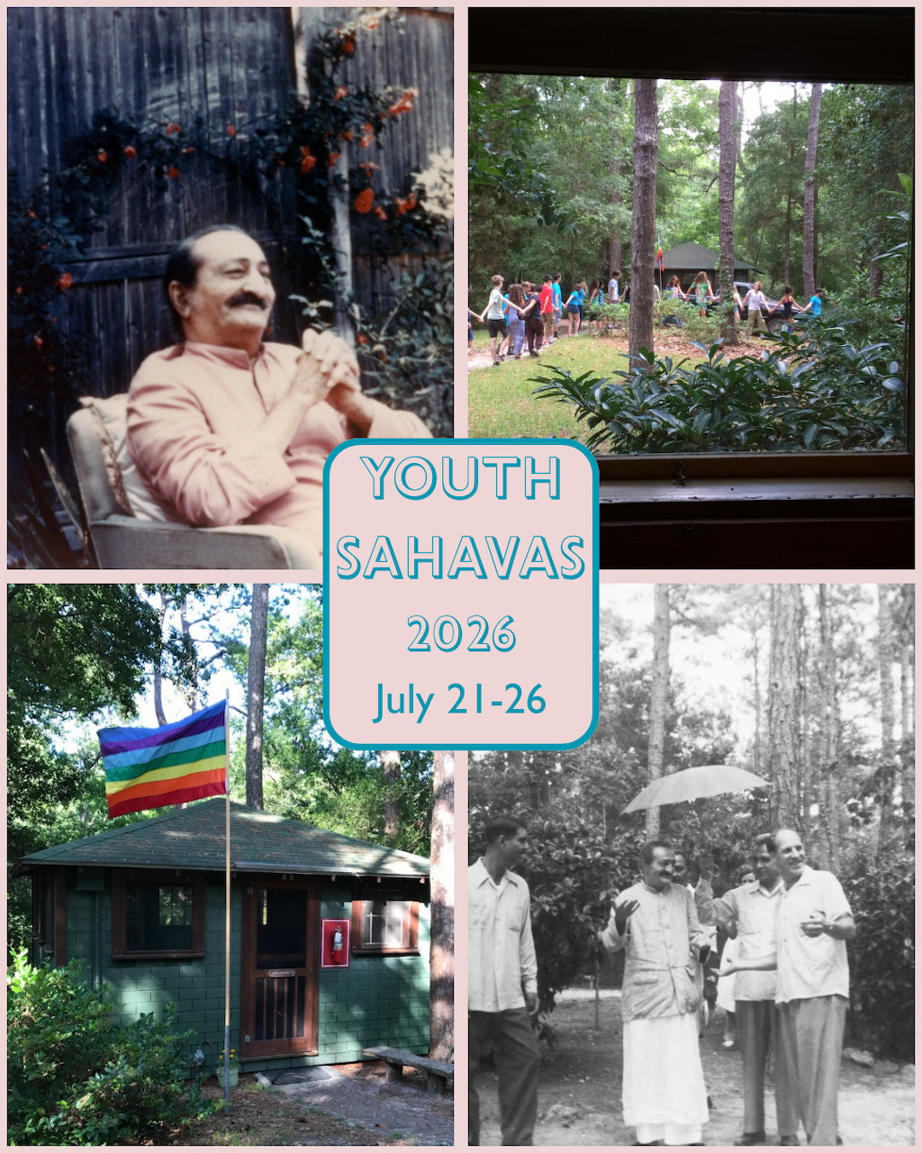 Meher Baba seated among devotees during a Sahavas gathering
