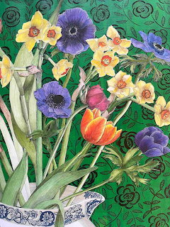 Colorful painting of spring flowers - daffodils, tulips and hyacinths in a decorative white vase on patterned green background