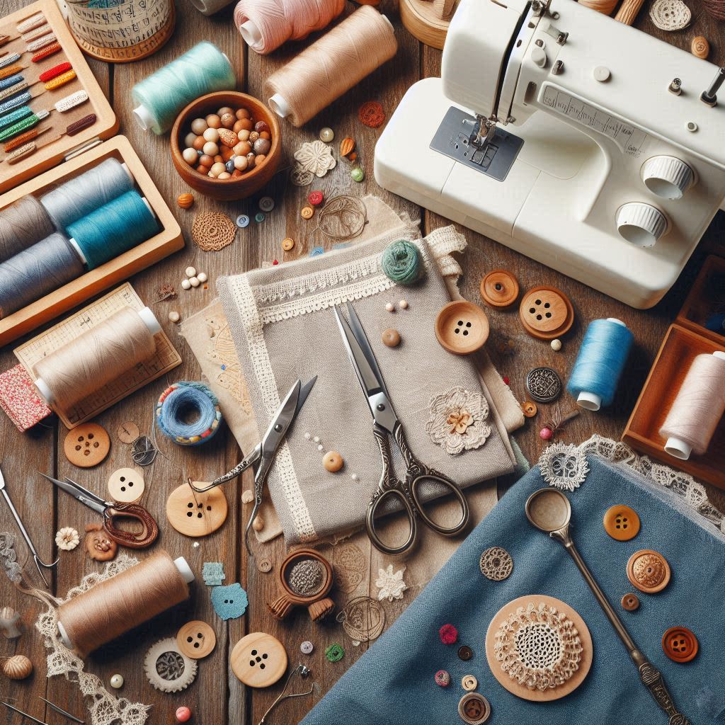 Flat lay of sewing supplies with thread spools, buttons, scissors, fabric, and a sewing machine on wood
