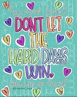 Hand-lettered motivational quote with colorful hearts on teal polka dot background