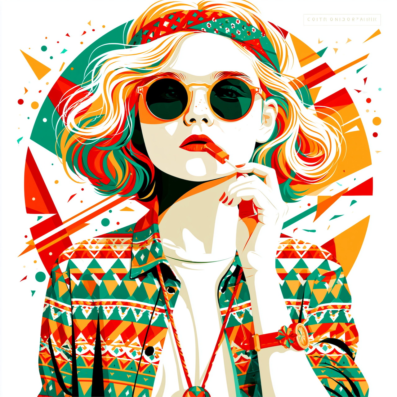 Retro illustration of woman with wavy multicolored hair, round sunglasses, and geometric patterned jacket