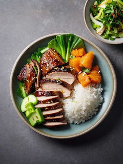 Overhead view of sliced braised duck with rice and vegetables in a blue bowl
