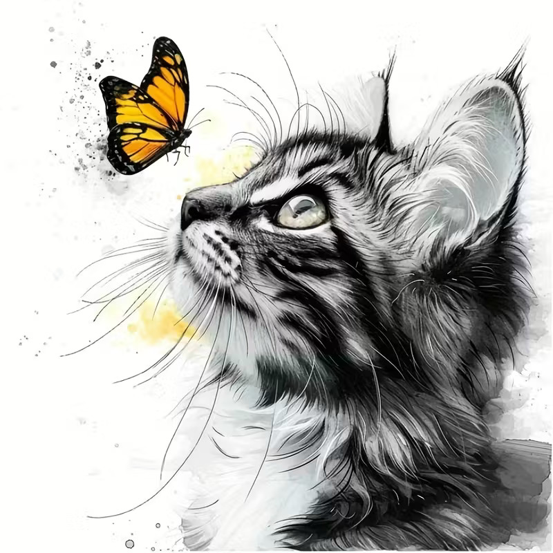 Monochrome sketch of young cat looking up at yellow butterfly with ink splatter accents