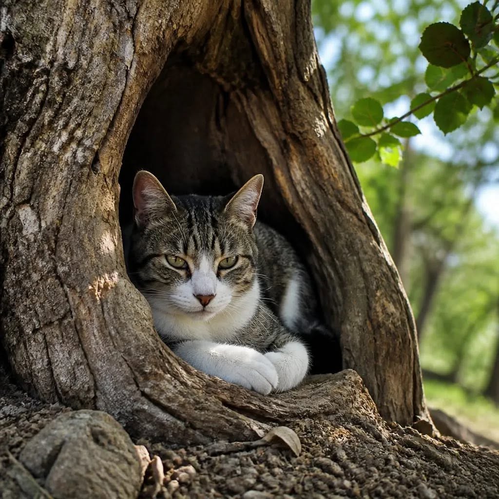 Tabby and white cat resting inside a hollow tree trunk outdoors
