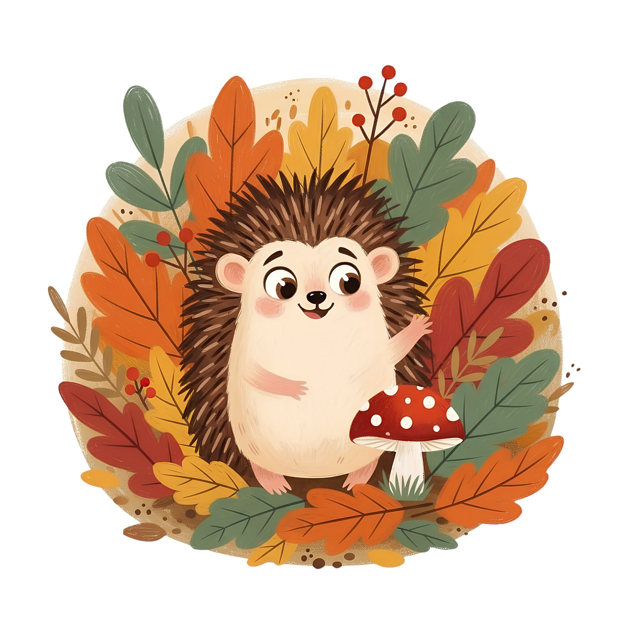Cute hedgehog illustration with autumn leaves and a red mushroom