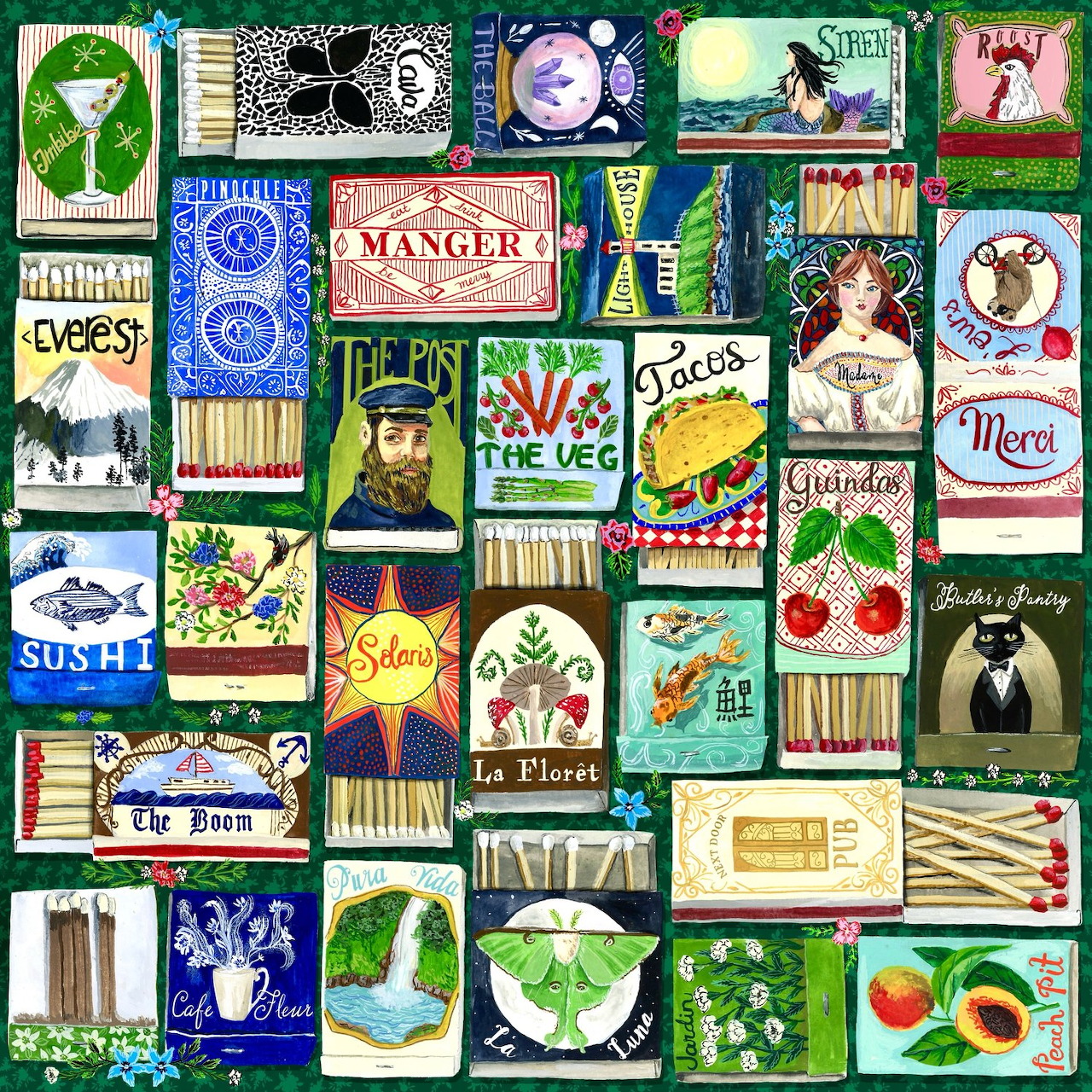 Grid collage of colorful vintage matchbox labels with various illustrations and text