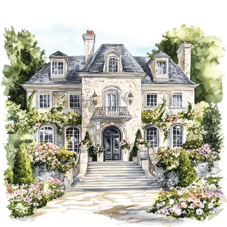 Watercolor painting of a stately mansion with stairs, flowers, and trees