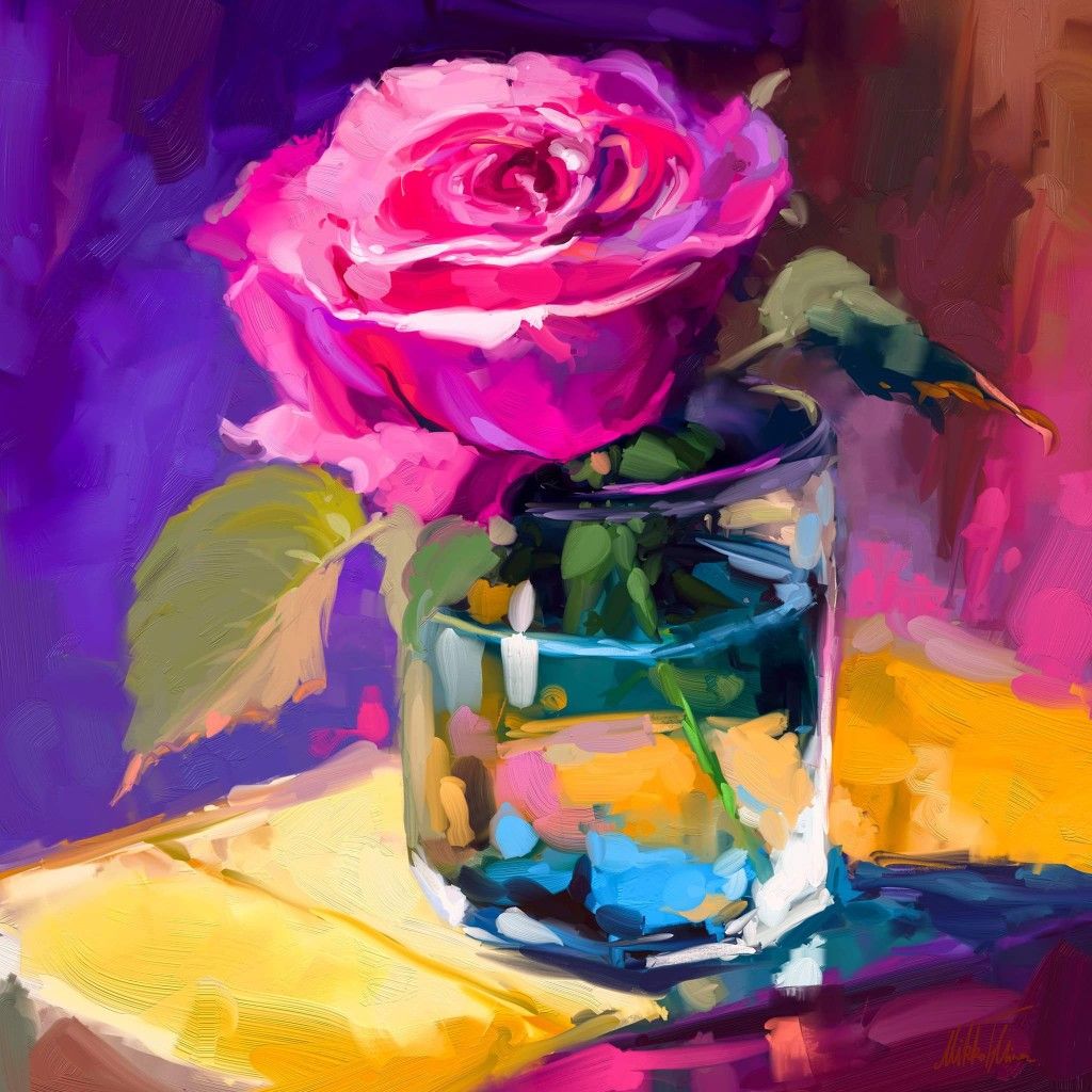 Colorful painting of a pink rose in a glass vase with purple and yellow background