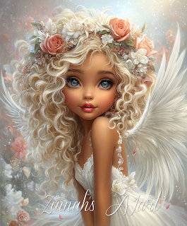 Fantasy angel girl with curly blonde hair, blue eyes, white feather wings, and pink rose floral crown