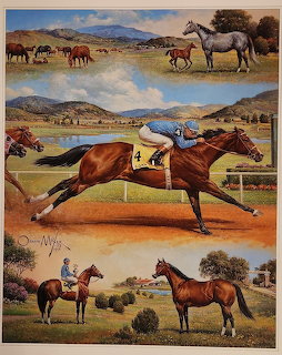 Collage illustration of horses in western landscapes with racing and pastoral scenes