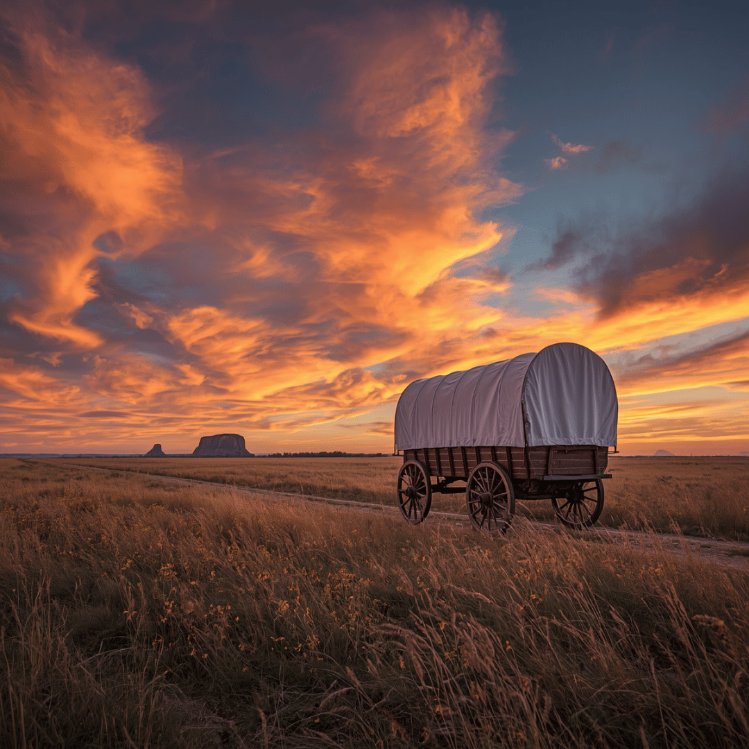 Old covered wagon in prairie field at sunset with orange clouds