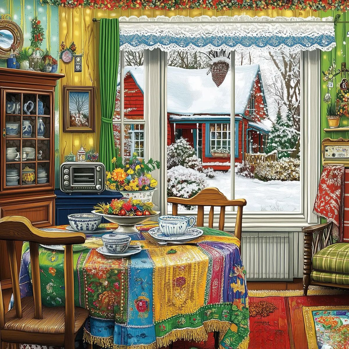 Kitchen with colorful quilt tablecloth and snowy winter view through window with Christmas tree