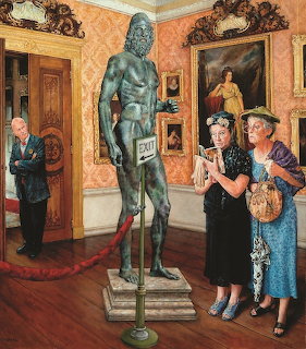 Painting of elderly visitors viewing a bronze male statue in a classical museum gallery