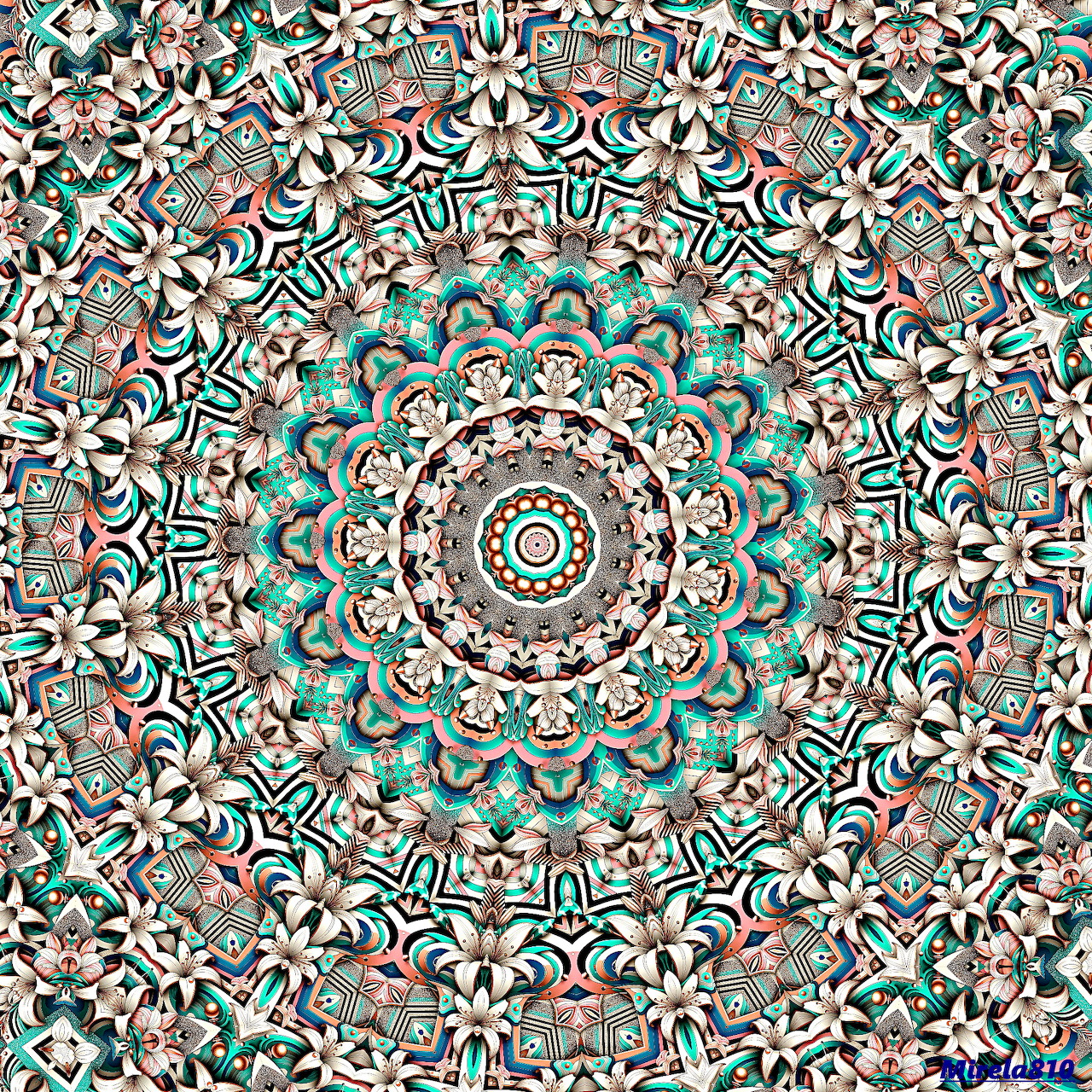 Detailed turquoise and coral mandala with intricate geometric patterns radiating from center in circular symmetry