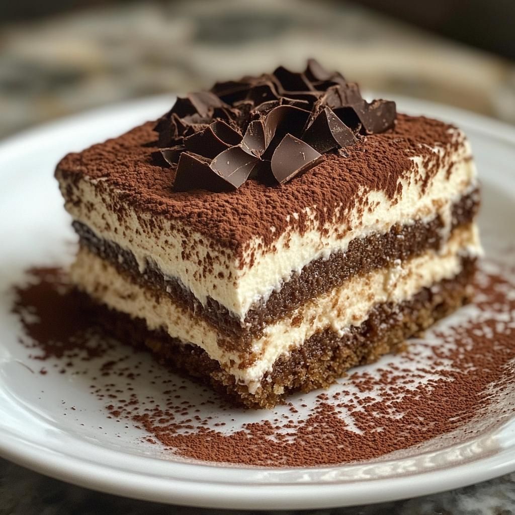 Slice of chocolate tiramisu with cream layers, cocoa dusting, and chocolate curls on white plate