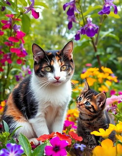Calico cat and tabby kitten sitting among colorful flowers in a garden
