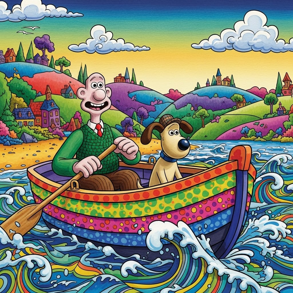 Cartoon man rows a dog in a colorful boat on swirling water with rainbow hills in the background