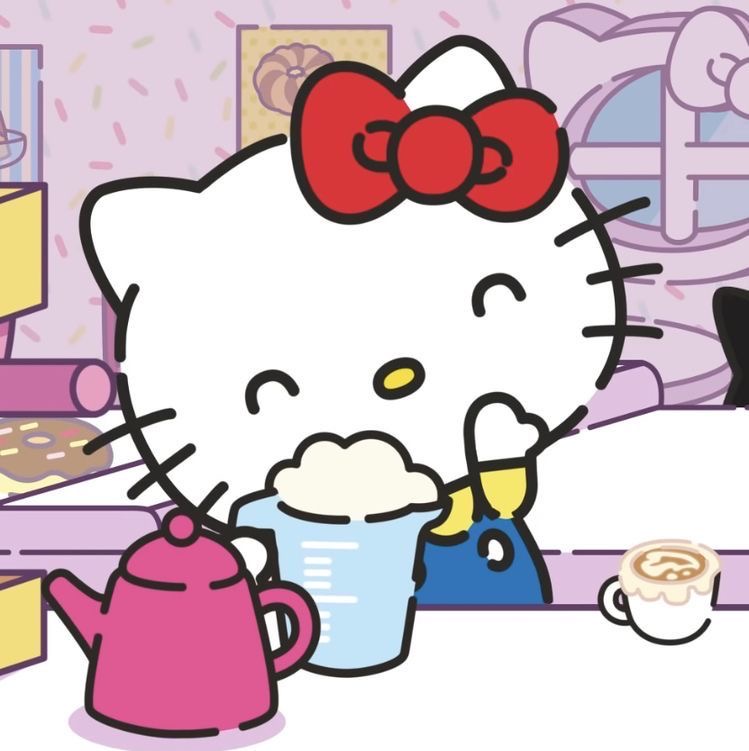 Hello Kitty cartoon character with red bow drinking from blue cup in kitchen
