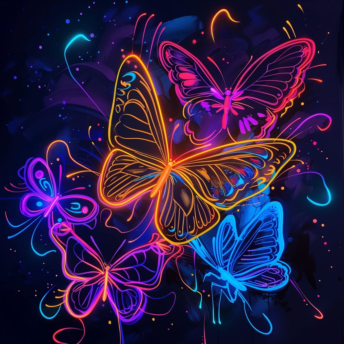Colorful neon butterflies glowing on a dark abstract background