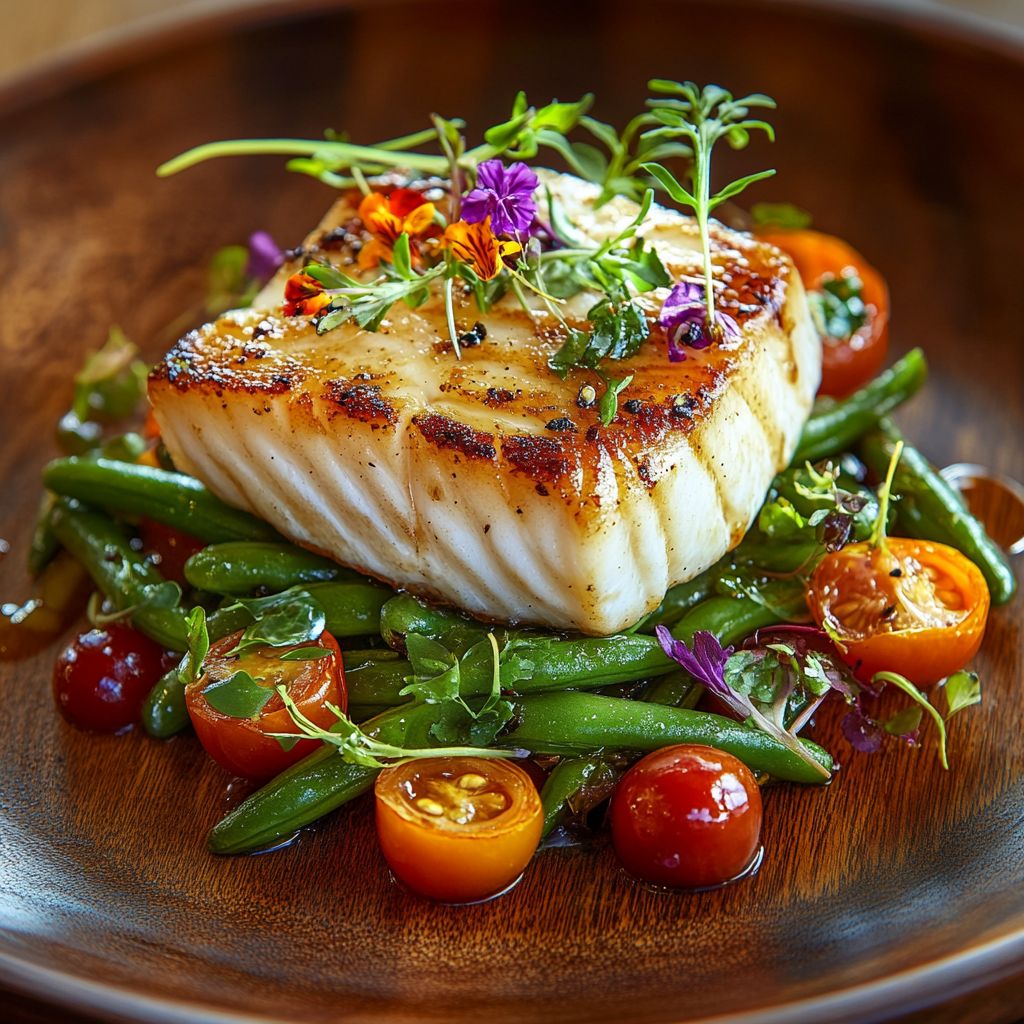 Grilled halibut steak with microgreens on green beans and cherry tomatoes