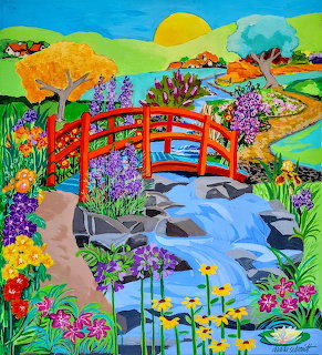 Colorful painting of red bridge over stream with purple, yellow, and pink flowers in a garden landscape