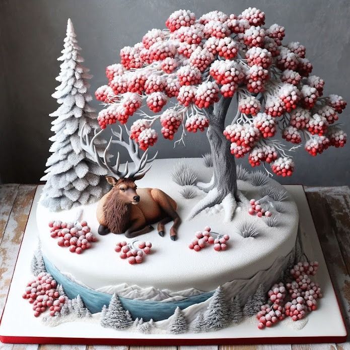 Winter-themed cake with a resting elk, snowy berry tree, and white fir trees
