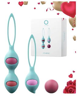 Turquoise and pink kegel exercise balls with product box surrounded by hearts and roses