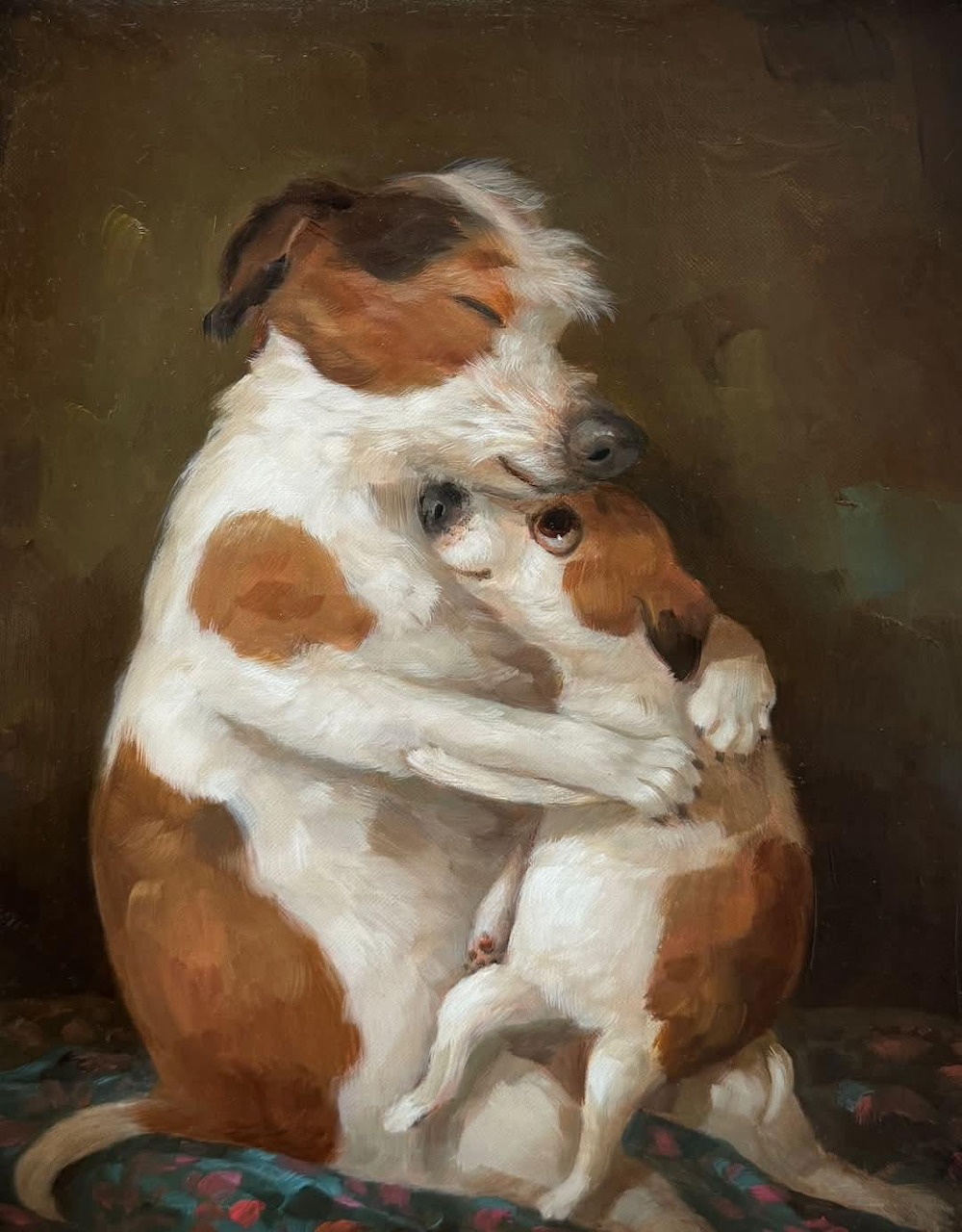 Painting of two brown and white dogs hugging while seated against a dark background