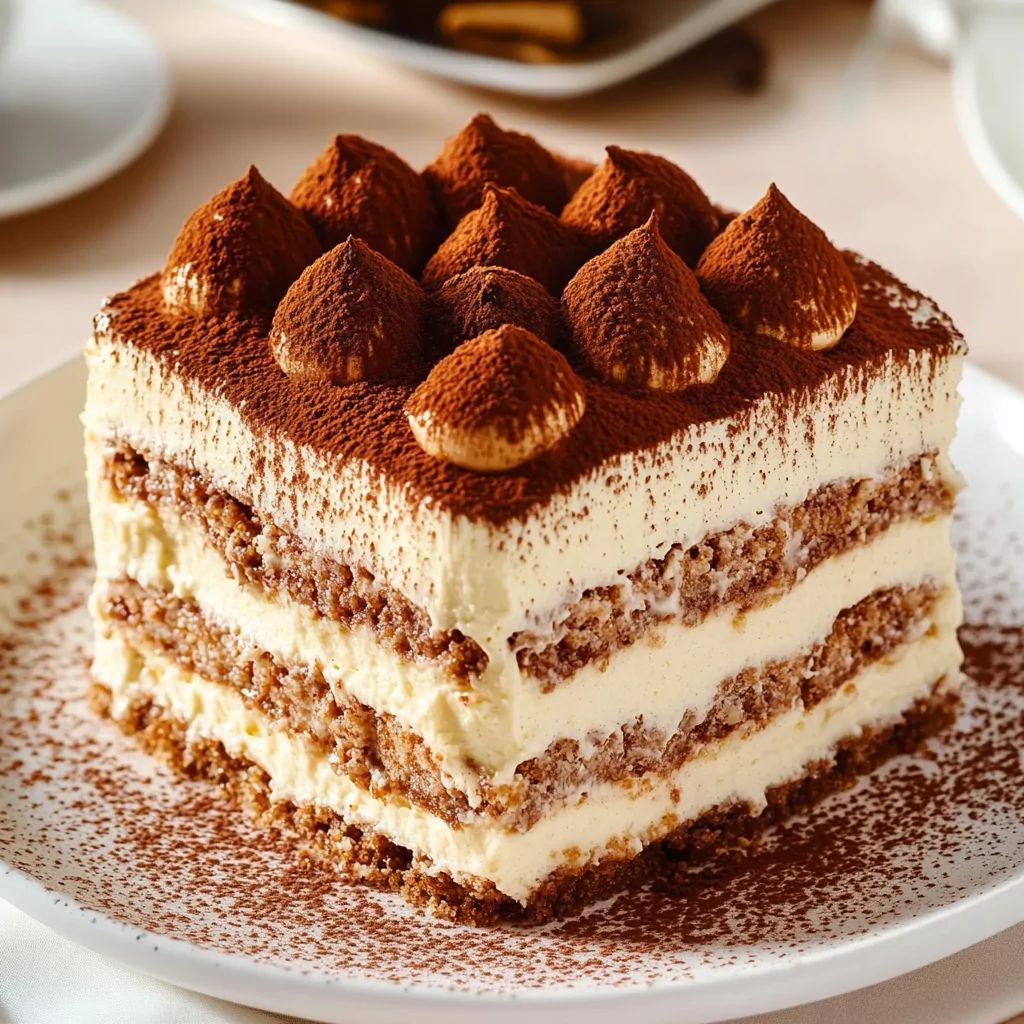 Layered tiramisu dessert with cocoa powder topping on white plate