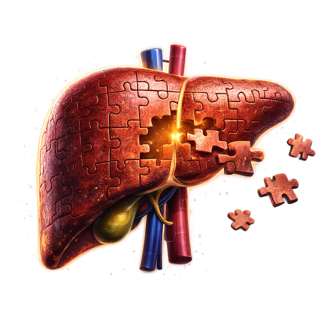 Illustration of a human liver shaped like a jigsaw puzzle with missing pieces and glowing center