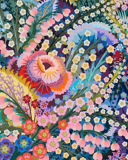 Vibrant swirling floral pattern with colorful flowers and leaves on dark background