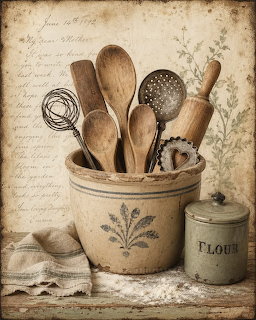 Wooden spoons and kitchen utensils in ceramic crock beside flour canister on vintage background