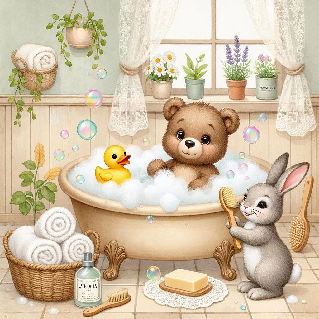 Illustration of a bear in a bathtub with bubles and a rubber duck while a rabbit holds a brush nearby