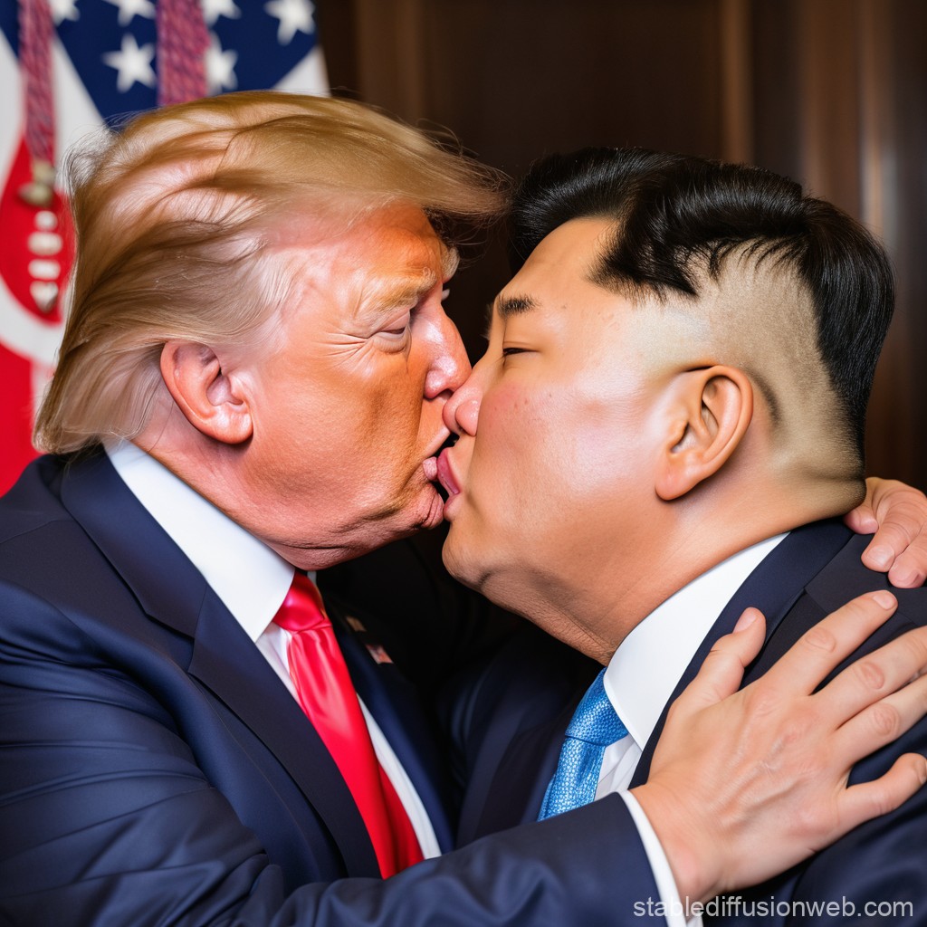 Close-up of Donald Trump and Kim Jong-un embracing and kissing