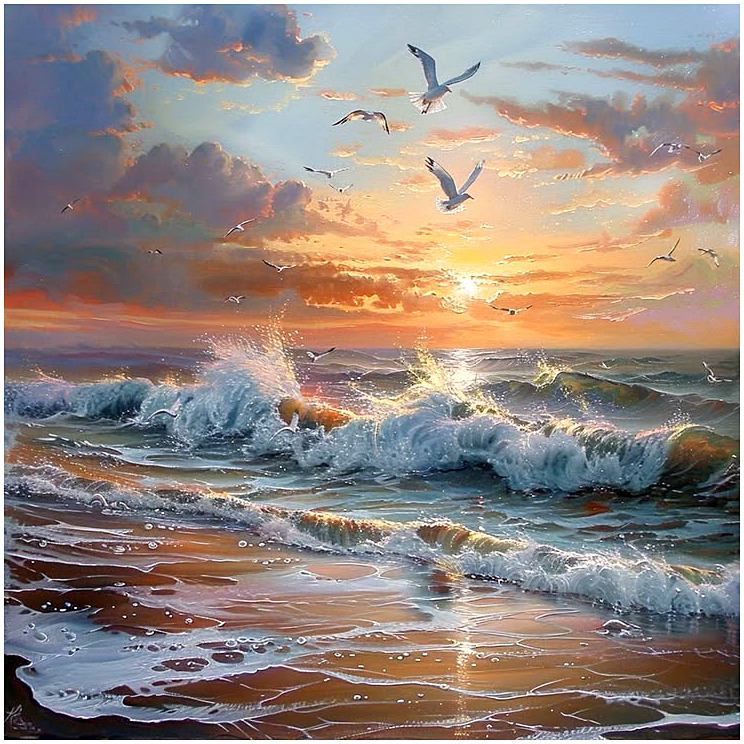 Ocean waves rolling onto beach at sunset with seagulls flying overhead and dramatic orange and purple clouds