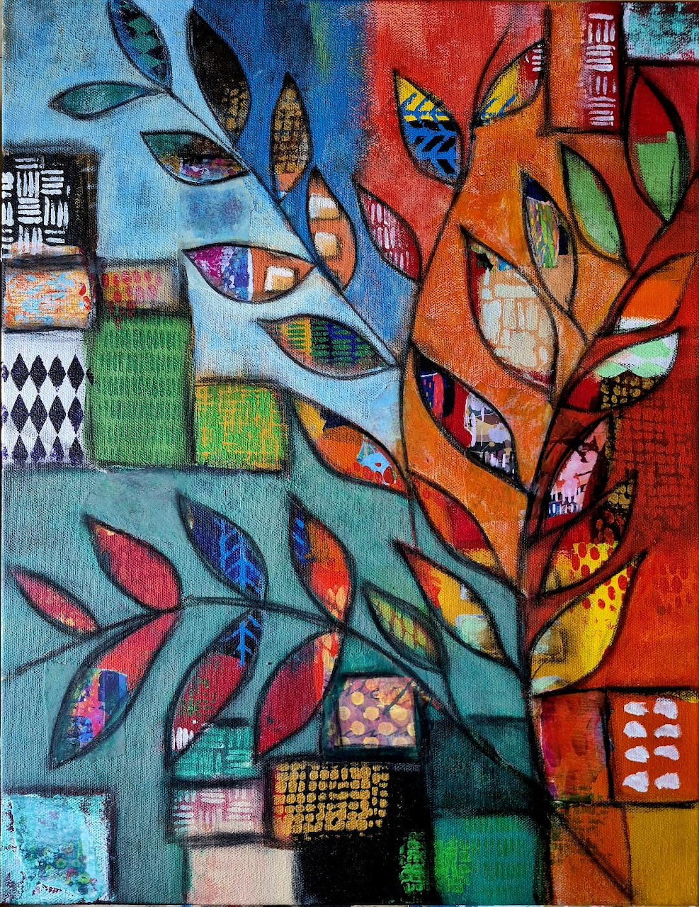 Abstract painting of decorative trees with multicolored patterned leaves on geometric patchwork background