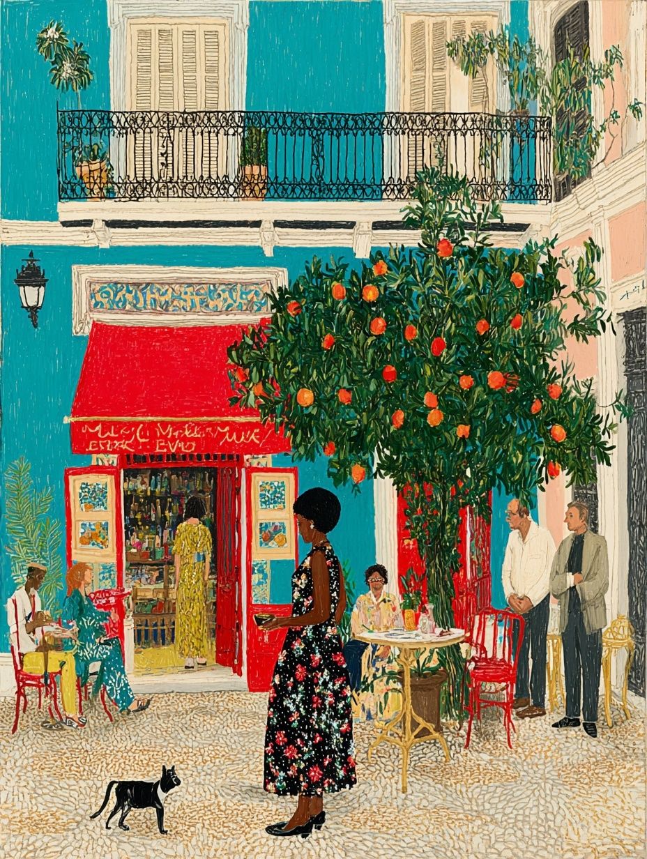 Colorful street cafe painting with people, a walking woman, a black cat, and an orange tree