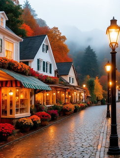 Misty village street with glowing lamps, cozy houses, wet cobblestones, and autumn foliage