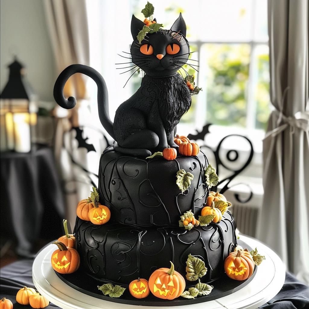 Black cat topper on a black Halloween cake decorated with mini jack-o'-lantern pumpkins and leaves