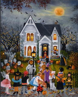 Children in Halloween costumes trick-or-treating at a Victorian house under a full moon with jack-o-lanterns