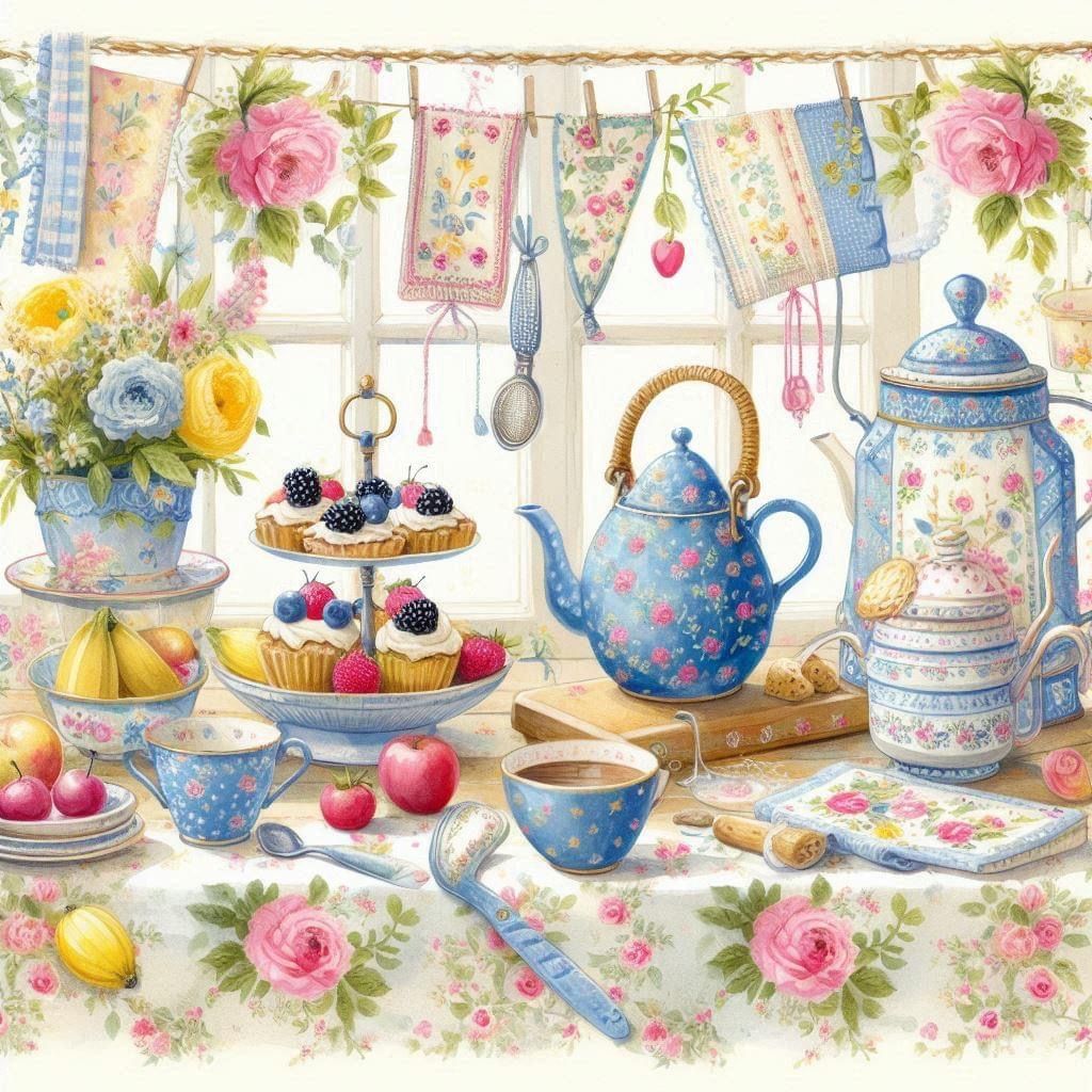 Vintage cottage kitchen with blue floral teapots, tiered dessert stand, bunting, and flower arrangements