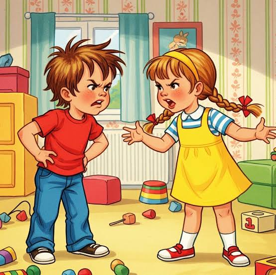 Cartoon boy and girl arguing over a toy in a playroom