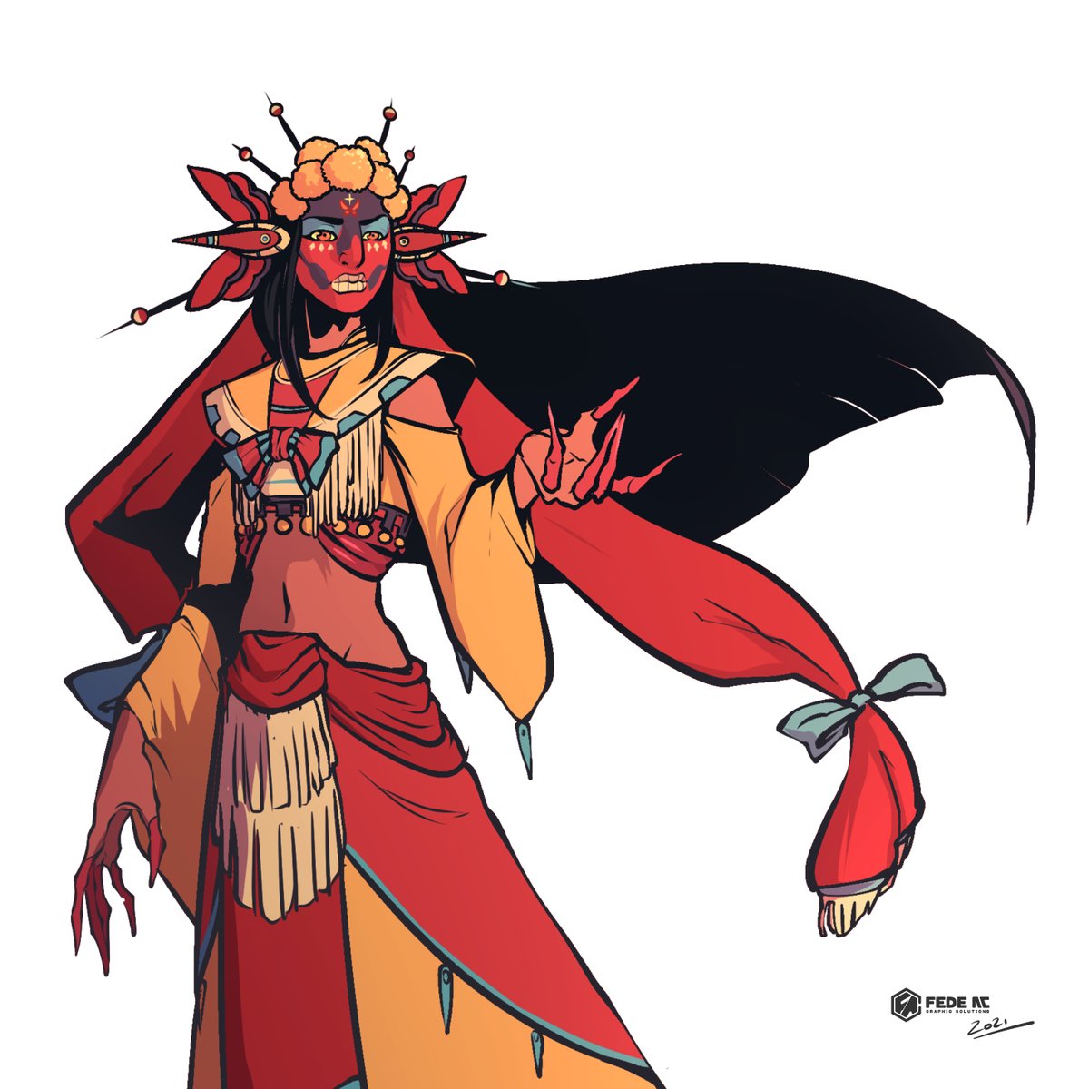 Illustrated fantasy female character with red face paint, ornate headdress, and flowing red and gold attire