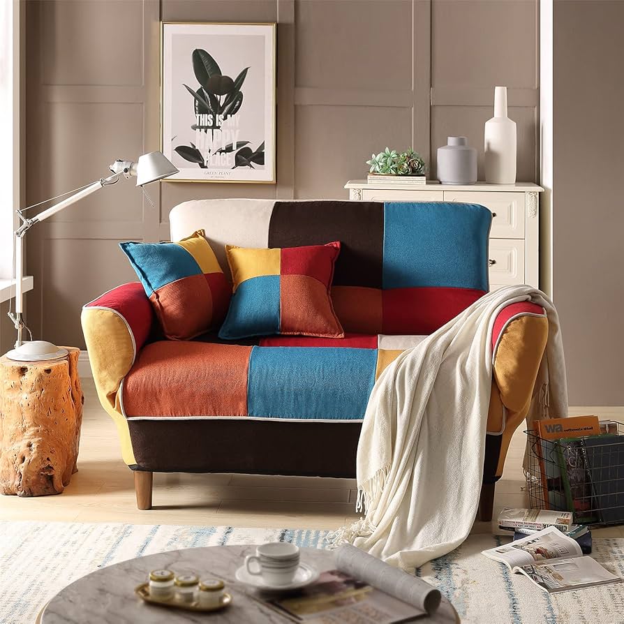 Multicolored patchwork armchair with orange, blue and yellow fabric panels in modern living room