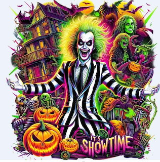 Beetlejuice character in striped suit with haunted house, pumpkins, and ghosts in colorful Halloween scene