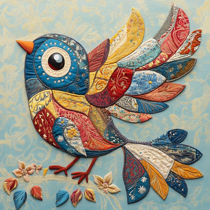 Whimsical patchwork bird with colorful ornate wings featuring floral and geometric patterns on blue textured background