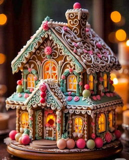 Ornate gingerbread house with glowing windows, candy canes, icing swirls, and festive decorations