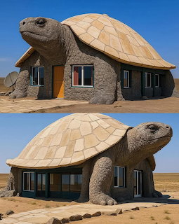 Two views of a turtle-shaped house in a desert with a clear blue sky