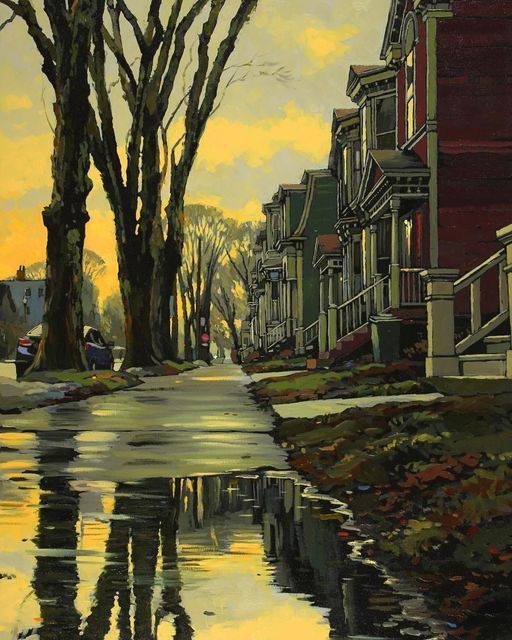 Painting of houses and tall bare trees reflected in a rain-flooded neighborhood street